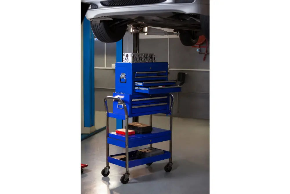 Work tools arranged on a workshop toolbox